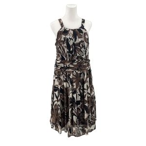 Jones Wear Pleated Sleeveless Dress, Brown/Cream/Black Abstract Floral, Size 14